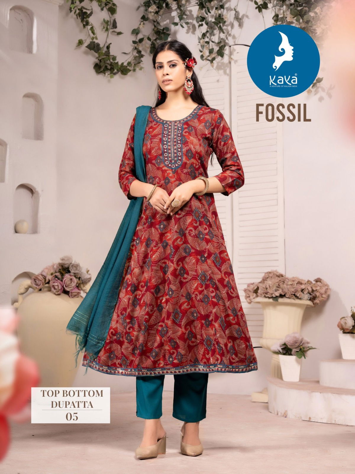 Fossil By Kaya Rayon Foil Printed Kurti With Bottom Dupatta Online Wholesale